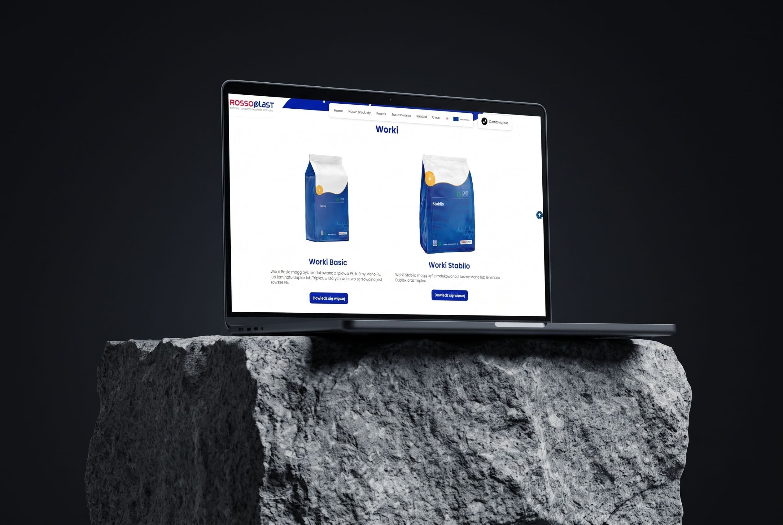 Katalog produktowy z kategoriami worków (Basic, Stabilo) w ofercie Rossoplast