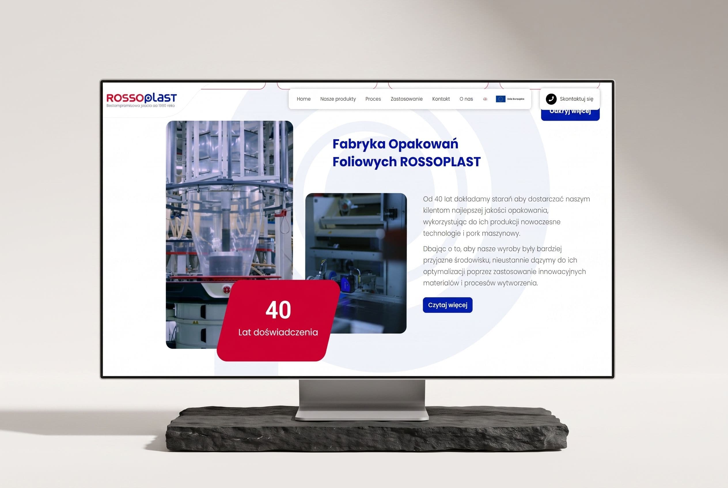Sekcja „Fabryka Opakowań Foliowych ROSSOPLAST” z historią firmy i zdjęciami z produkcji