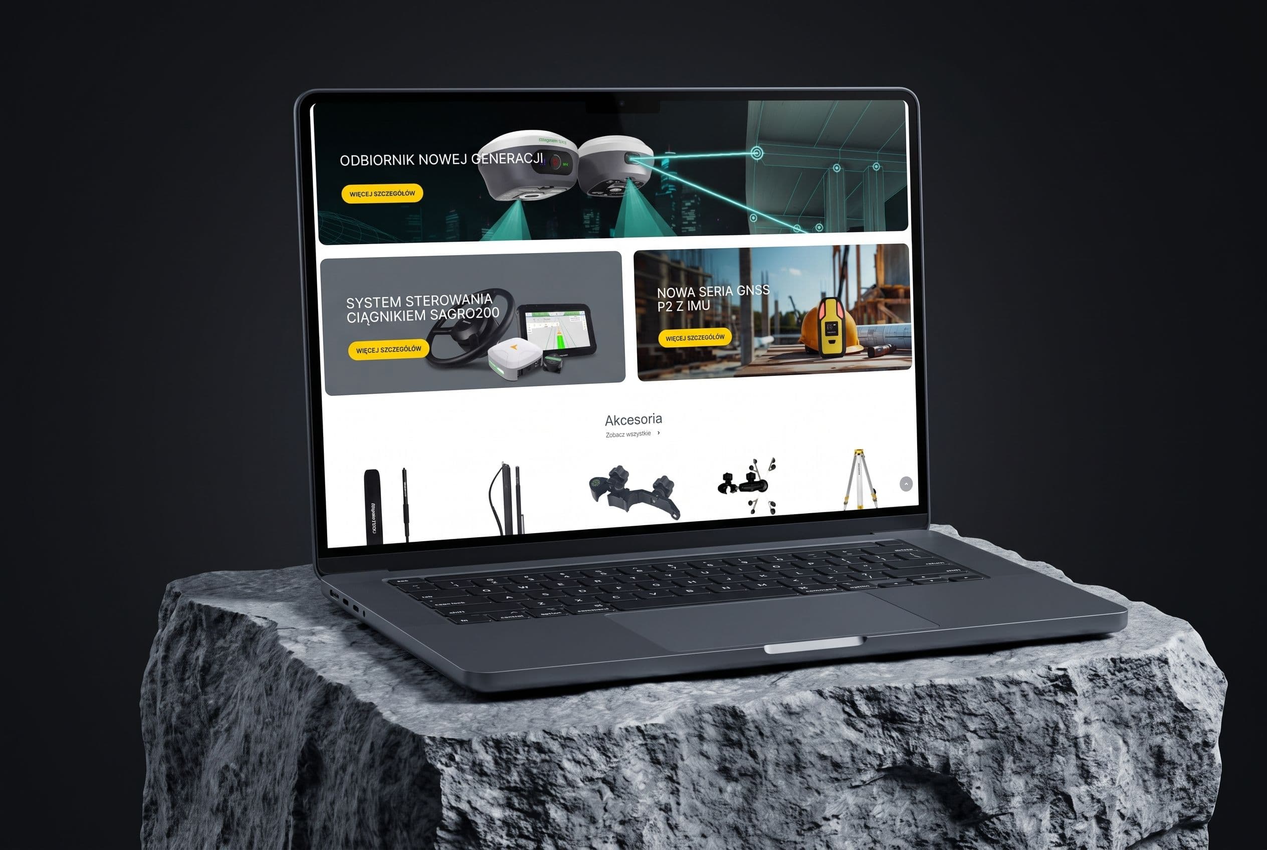 Strona główna sklepu RTK System z trzema liniami produktowymi: geodezja, rolnictwo, budownictwo